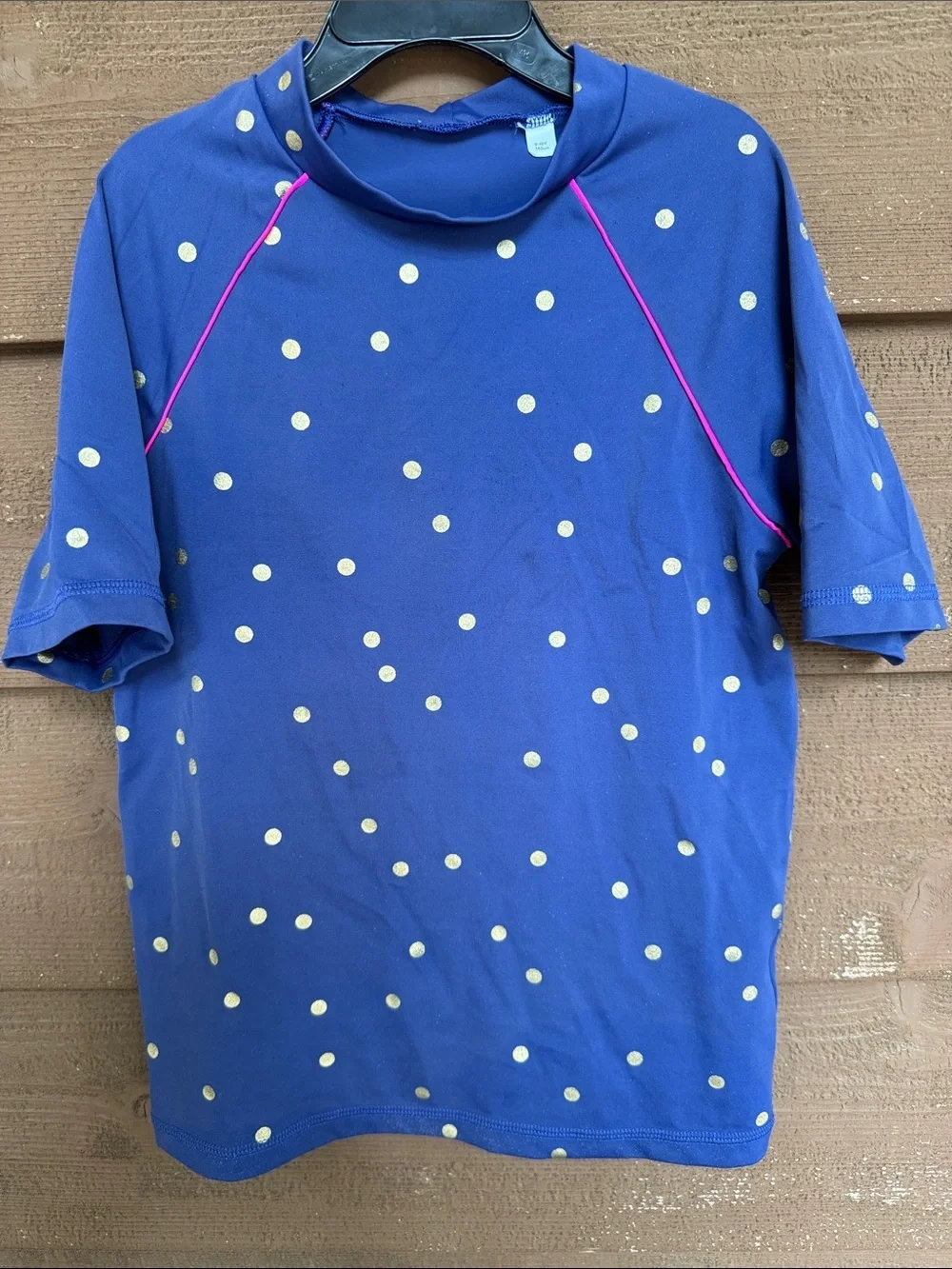 Boden Girls Blue Polka Dot Rash Guard with Pink Piping size 9-10